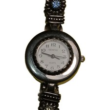 Vtg Geneva Silver Round Ladies Watch Multi-Color Gem Flower Stretch - New Batt