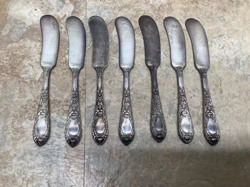 7 Vintage S Kirk & Son 5-1/4" Sterling Silver Rose Pattern Butter Spreaders