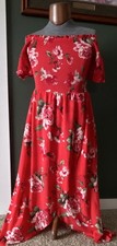 FAVLUX Floral Maxi Dress Red Off Shoulder Short Sleeve Smocked Size L Women