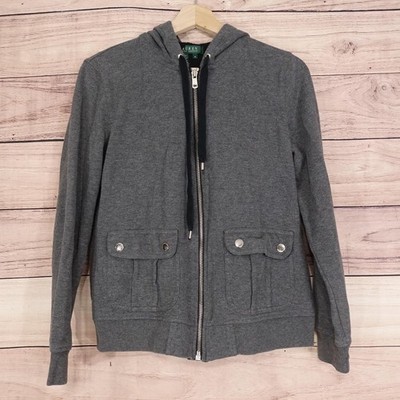 Lauren Ralph Lauren Hoodie Womens Medium Gray Full Zip Snap Flap Pockets Casual