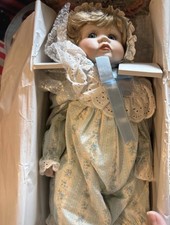 Vintage Baby Girl Doll Blonde Wavy Hair Blue Eyes Floral Outfit in Opened Box