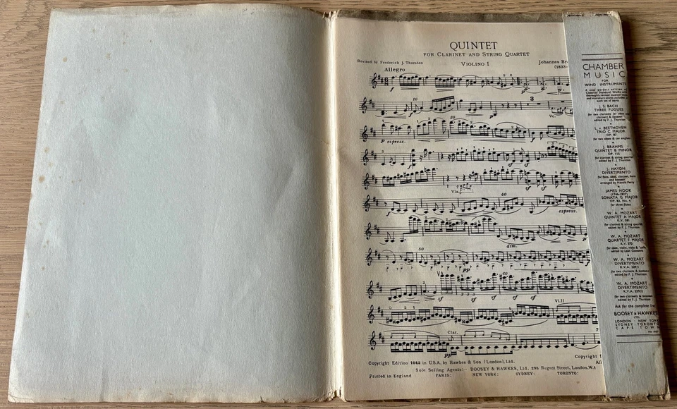 BRAHMS CLARINET QUINTET SHEET MUSIC (1953) ALL PARTS ENGLAND - Image 2 of 4