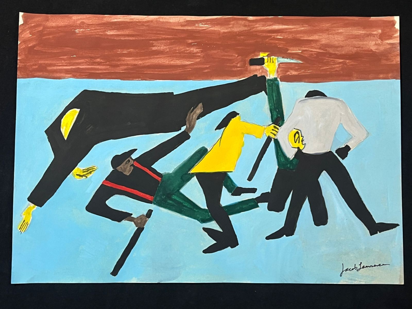 JACOB LAWRENCE drawing and painting on old paper signed stamped vintage