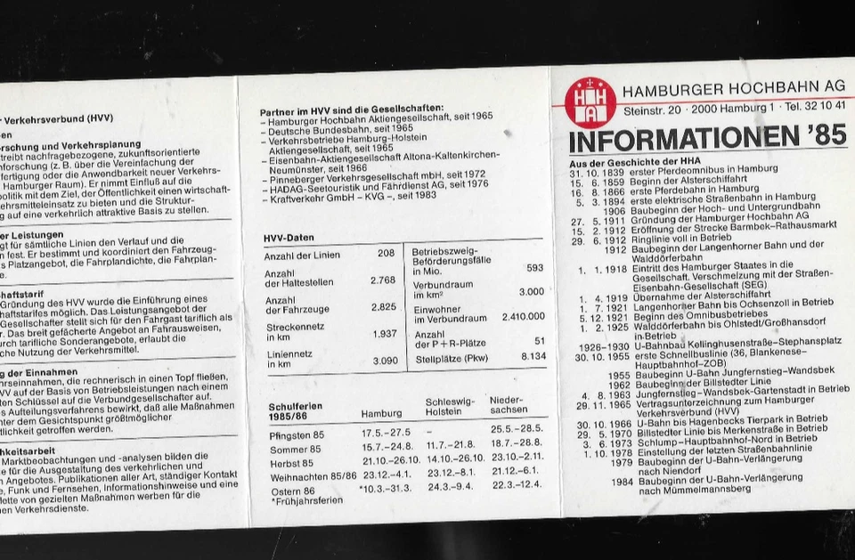 Hamburger Hochbahn Informationen 1985 -kleines Faltblatt