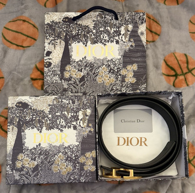Dior Men s Black Dress Belt Gold CD Logo Buckle Adjustable Size 90