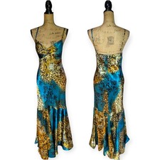 Y2K Satin Teal & Gold Leopard Damask Print Long Mermaid Hem Dress  UK 14 (US 10)