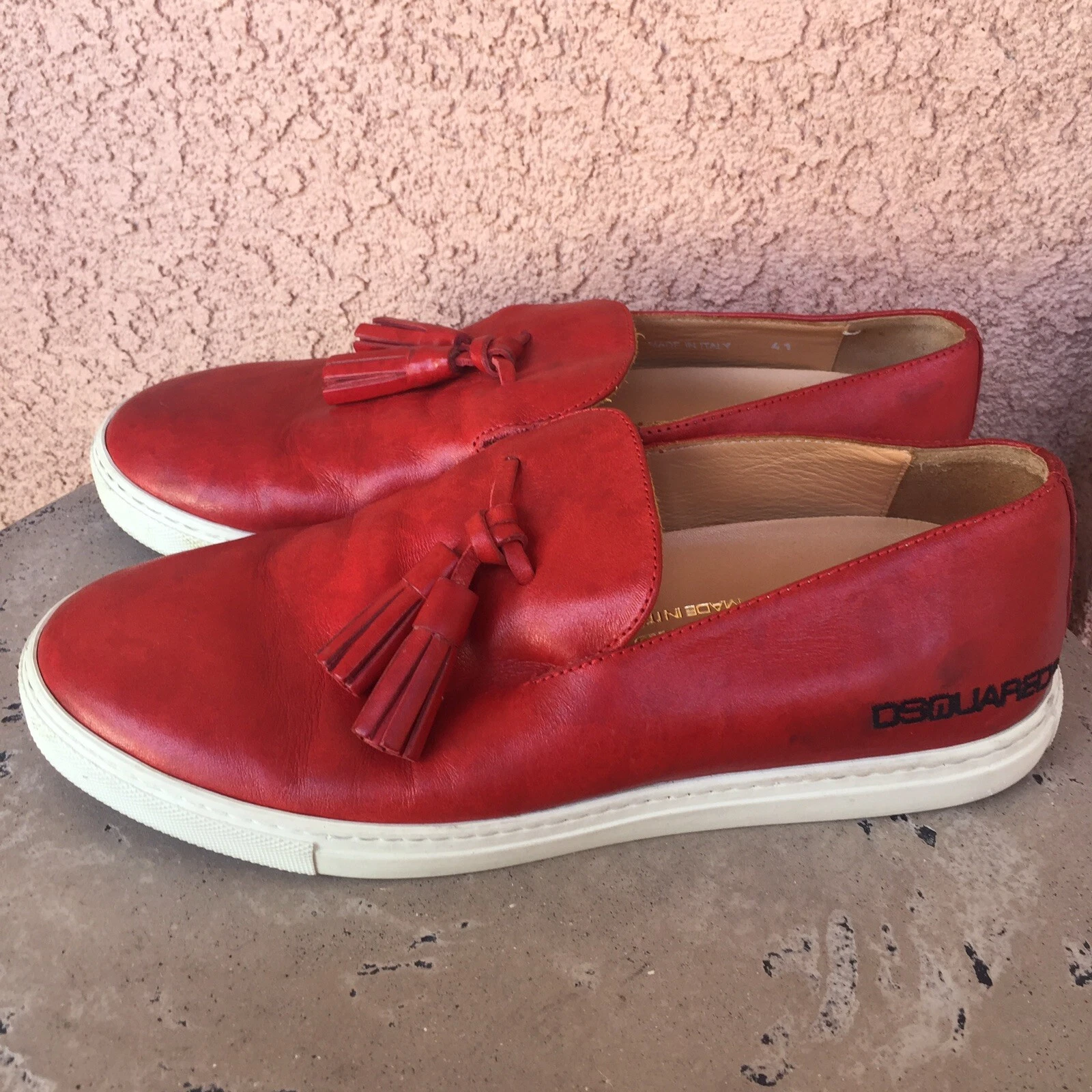 Mocassini da uomo Dsquared2 in pelle taglia 41 US 8 5 rossi slip on nappa kiltie