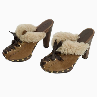 MIU MIU Brown Suede Shearling Lace Up Gold Studded Clog Mules