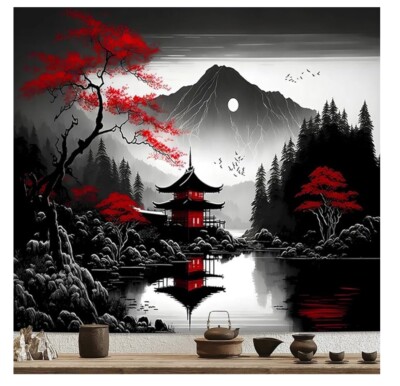 Anime Japanese Wall Tapestry for Bedroom, Black and White Moon 