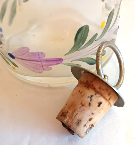 Vtg Shafford Hand Painted Floral Glass Apothecary Cruet Bottle Metal Ring Cork - Picture 4 of 7