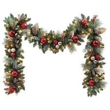 9 FT PRE LIT AND DECORATED GARLAND W/ 90 WARM WHITE LED LIGHTS 1598446, RED/GOLD