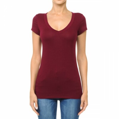  Ambiance V-Neck Short Sleeve T Shirt Basic Plain Solid Top Stretchy Cotton Tee