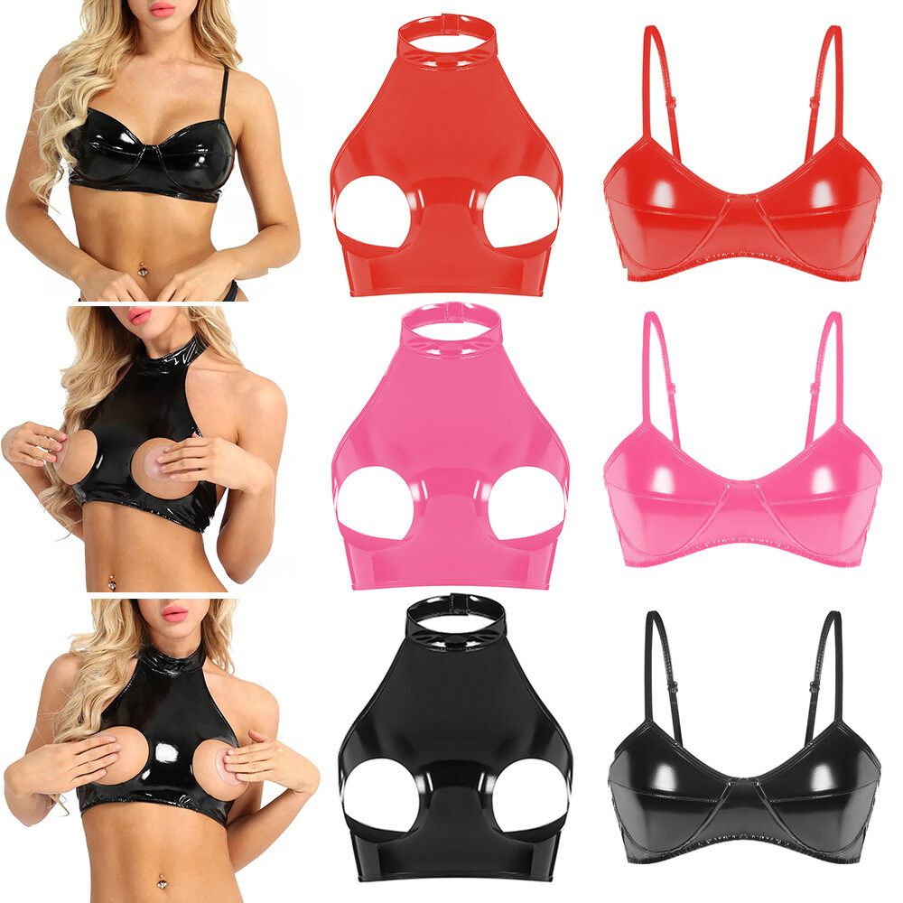 Sexy Women's PVC Leather Crop Top with Cut-Out Cup Bralette