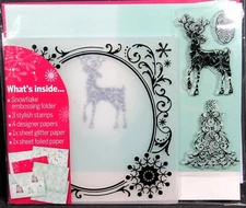 Snowflake Embossing Folder Reindeer and Tree Clear Stamps Papers Kit Unused