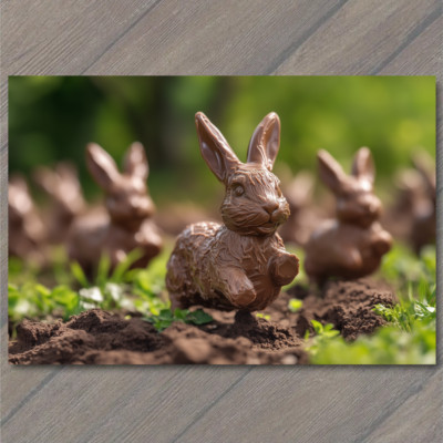 POSTCARD Easter Chocolate Rabbits Racing In Field Festive Candy Display Bunny