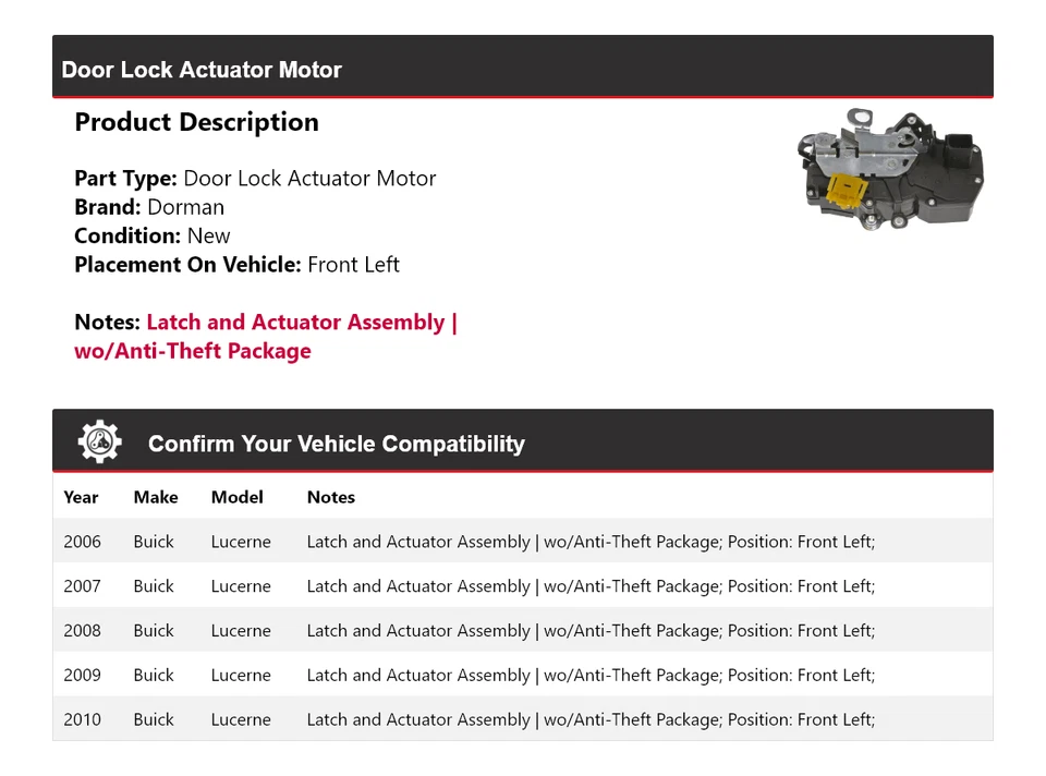 For 2006-2010 Buick Lucerne Dorman Door Lock Actuator Motor Front Left 2007 2008 - Image 2 of 4