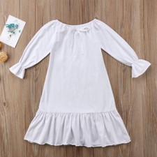 Toddler Kids Baby Girl Long Sleeve Dress Round Neck Solid Ruffled Bow Long Dress
