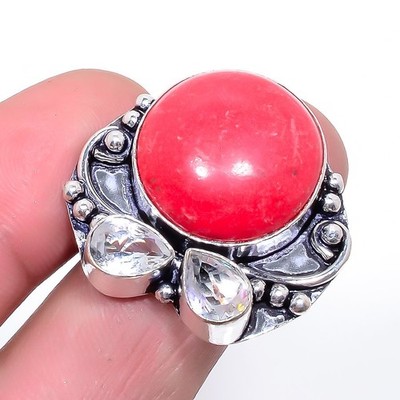 Coral & White Topaz Gemstone 925 Silver Plated Jewelry Ring s.9 S2777