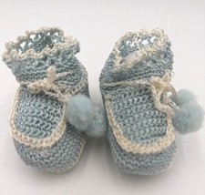 VTG Pair of Handcrafted Blue and White Crochet Baby Booties with Pom-Pom Ties