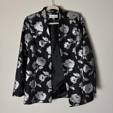 Calvin Klein Blazer Womens 6P Silver Metallic Jacquard Floral Dressy Jacket