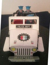 Vintage 1960s Japan Friction Police Patrol Jeep 110 Tin Litho Toy W/ Siren NM
