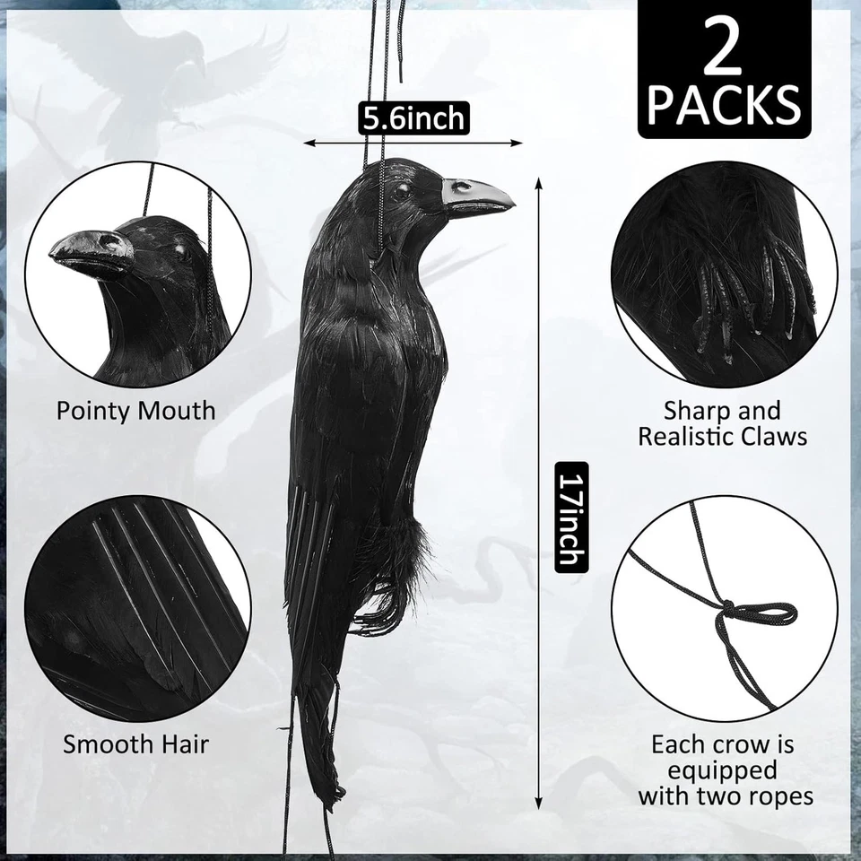 Lifelike Hanging Crows Set - Enhance Your Halloween Decor with 2 Realistic Props - Image 4 of 4