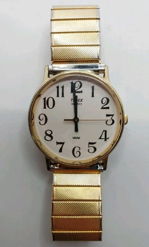Vintage Timex Quartz Gold Tone Men's Watch Wristwatch New Battery Stretch Band