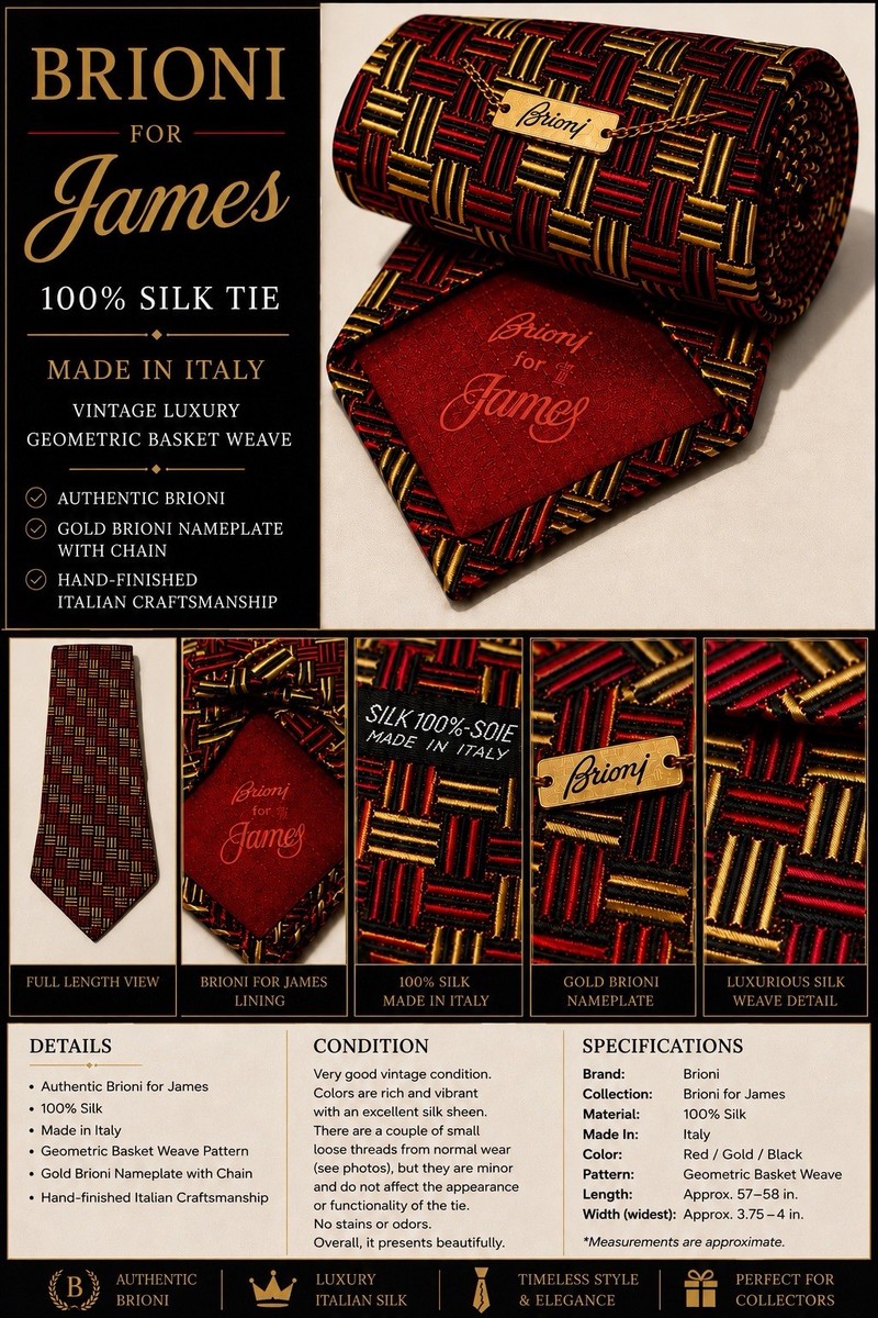 Brioni Men's Woven Silk Geometric Pointed Tie Red Gold Black Made in Italy