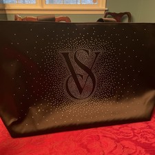 Victoria Secret NWT Shine Tote Black Large Double Handle Front Logo Zip Top 