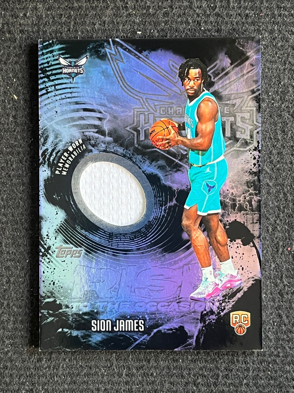 Sion James 2025-26 Topps Flagship Rise To The Occasion Relic Rainbow Foil RC