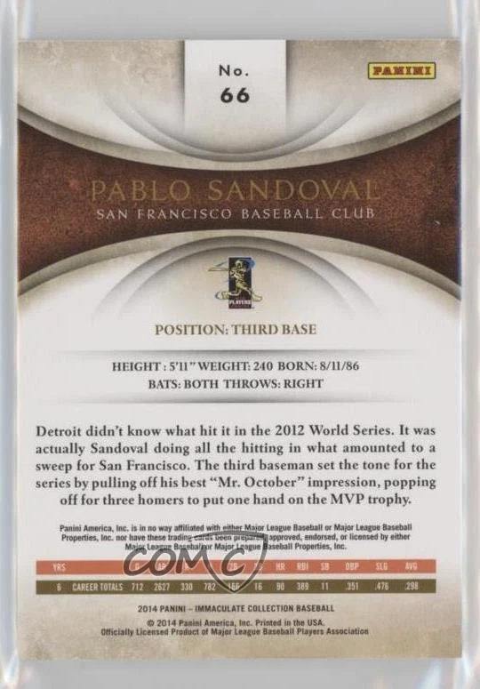 2014 Panini Immaculate Platinum 1/1 Pablo Sandoval #66 5h9 - Image 2 of 3