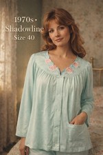 Vintage 1970s Shadowline Bed Jacket Pajama Top 40 Mint Green Roses Snap Front