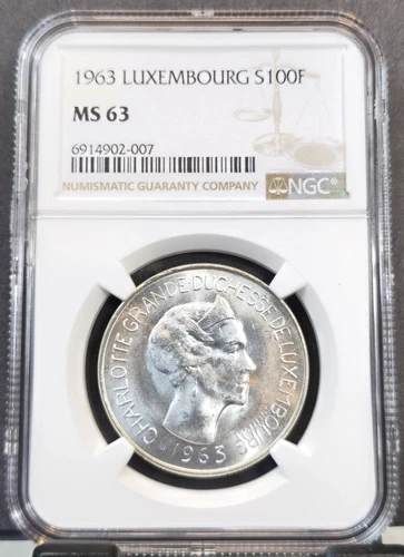 1963 LUXEMBOURG SILVER 100 FRANCS CHARLOTTE NGC MS 63 BEAUTIFUL BRIGHT LUSTER