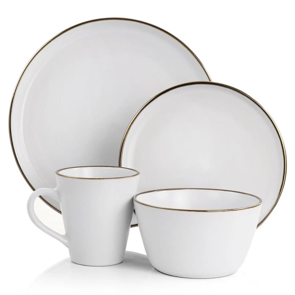 Elama Arthur 16 Piece Stoneware Dinnerware Set in Matte White with Gold Rim - Image 2 of 3