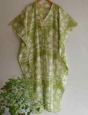 Women Cotton Green Summer Sleepwear Beach Cover Floral Print Long Caftan Dress