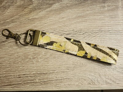 Genuine Leather Wrist Strap Key Fob Gold Zebra Hair on Hide 6''