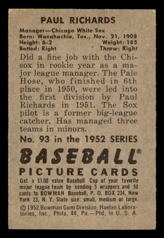 1952 Bowman #93 Paul Richards MG - Image 2 of 2