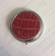 RED faux croc Small Round Silver Pill box w/ 3-compartments