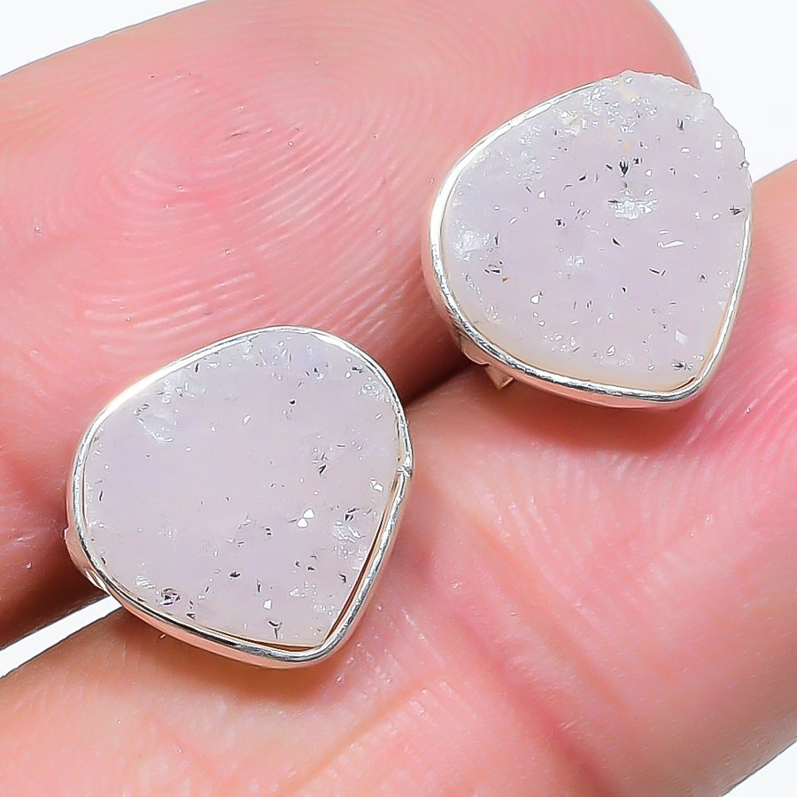 White Titanium Druzy Gemstone Handmade 925 Sterling Silver Tops Earring B185