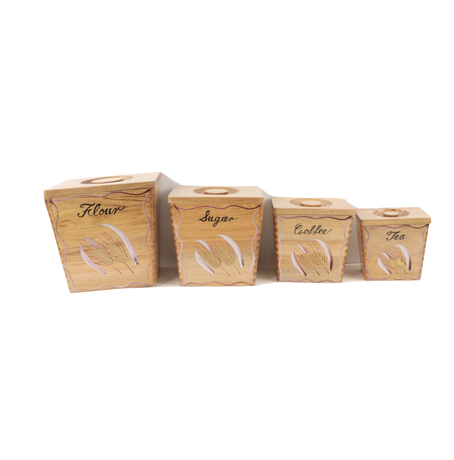 Vintage 50s Mid Century Modern MCM Set of 4 Wood Hand Painted Wheat Canister Set