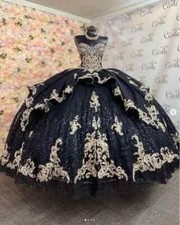 Princess Quinceanera Dresses Black Gold Applique Vestidos De 15 Birthday