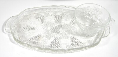 Vintage Anchor Hocking Snack Set 8 Piece Clear Glass Grape Pattern