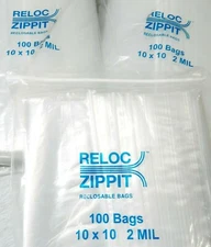 Reloc Bags Large 10" x 10" Clear 2 Mil Zippit Reclosable 300 Zip Seal Bags 10x10