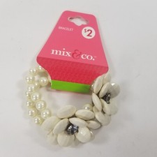 Flower Rhinestone Faux Pearl Beaded Stretch Off White Bracelet