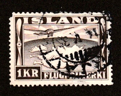 ICELAND ~ Scott C19 ~Airmail ~ 1kr dark brown ~ Reykjavik cancel ~ Used F/VF