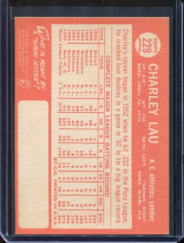 1964 Topps Baseball # 229 Charlie Lau (NM-MT) Near Mint to Mint - Picture 2 of 2
