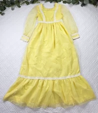 VTG 70's Yellow Gunne Sax Inspired Dot Long Sleeve Prairie Dress Size XS/S