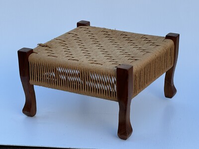 Vintage Teak Wood & Woven Danish Cord Foot Square Stool