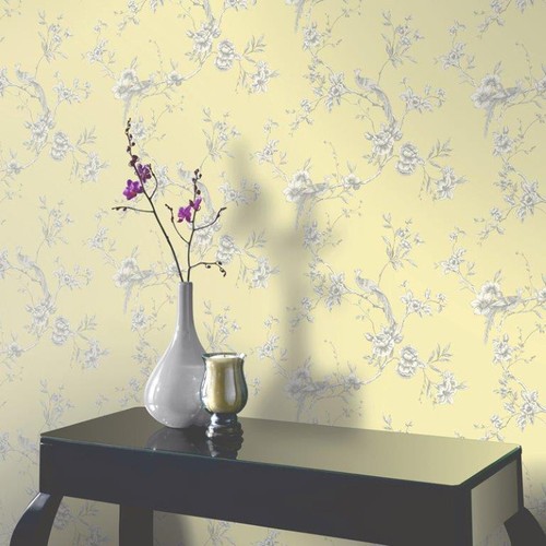ARTHOUSE CHINOISE YELLOW WHITE FLORAL BIRDS OPERA HEAVYWEIGHT WALLPAPER