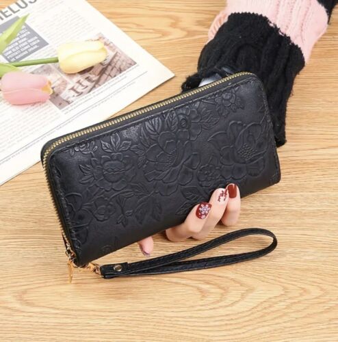 Women Black PU Leather Wallet Purse Full Zipper Card Holder Phone Handbag